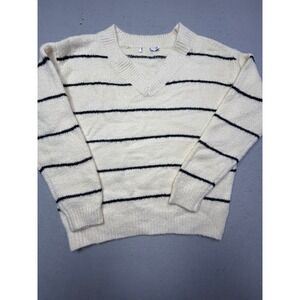 Unbranded V-Neck Sweater Acrylic Nylon Cream Black Striped Small Womens